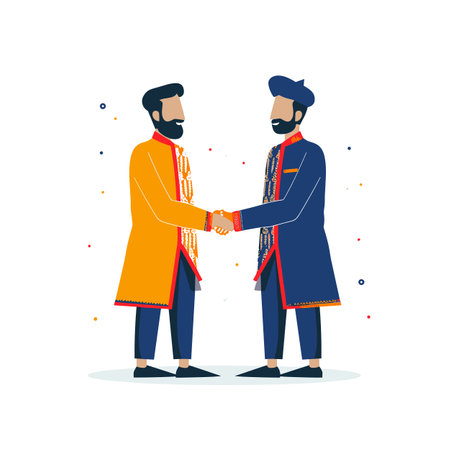 Two bearded men wearing traditional ethnic clothing shaking hands indicating festive occasion agreement isolated white background. One wearing orange attire, another blue, both intricate designsのイラスト素材