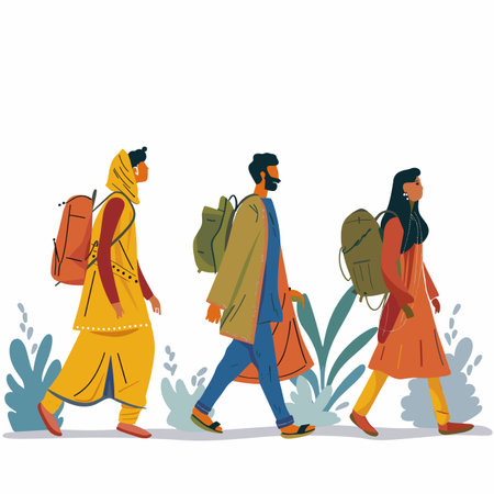 Three people walking backpacks trekking isolated white background. Ethnically diverse group journeying dressed traditional clothing hiking primary colors yellow, green, orange, blue. Individualsのイラスト素材
