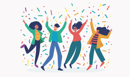 group diverse young adults dancing, celebrating, cheerful happy expressions. Bright colorful confetti, vibrant clothing, isolated white background. Casual attire, positive, festive atmosphereのイラスト素材