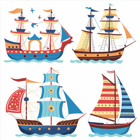 Colorful sailing boats intricate detailing isolated white background, sailboat design features different sails, masts, decorative elements primary colors. Vector illustration ideal nauticalthemedのイラスト素材