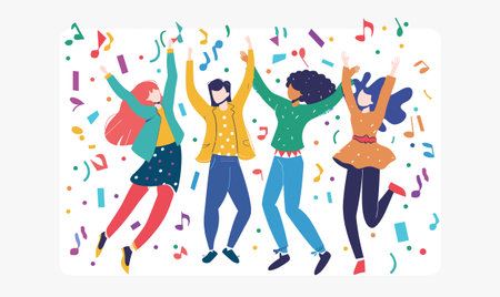Four diverse individuals dancing enthusiastically, surrounded colorful confetti musical notes, wearing casual vibrant clothing, isolated white background. Mixed ethnicity group celebrating, feelingのイラスト素材