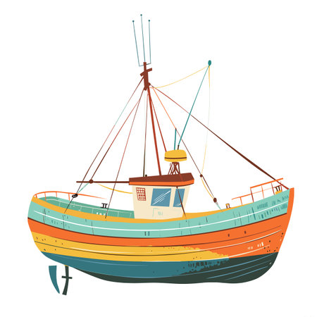 Fishing boat side view, bright colorful hull, ropes, anchored isolated white background vector illustration. Charming vintage textured graphics, bold lines, artistic design. Ideal maritime themesのイラスト素材