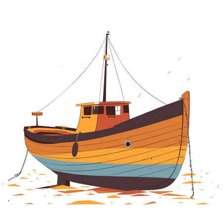 Wooden fishing boat docked beach, isolated white background. Colorful vessel front view, orange, blue, brown, chains, ropes. Classic maritime design, small cabin, porthole anchorのイラスト素材
