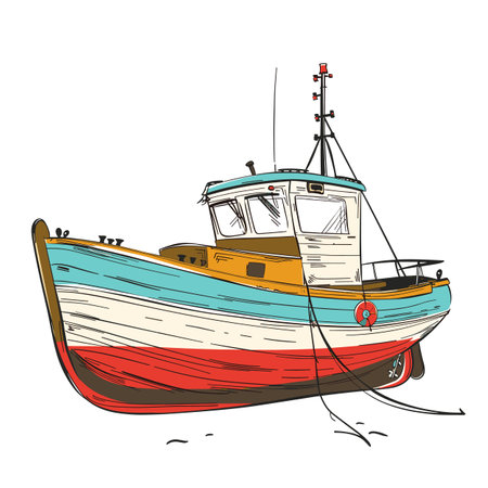 picturesque fishing boat vibrant colors, resting isolated white background, vintage wooden boat featuring blue, white, red hues, equipped nautical accessories. Classic fishing vessel, retro maritimeのイラスト素材