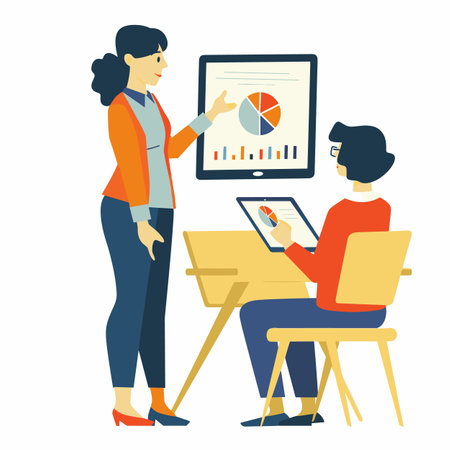 Scenario 1 Woman presenting data chart screen seated colleague tablet possible Asian, female, office, meeting, collaboration. Vector illustration modern flat style, isolated white backgroundのイラスト素材