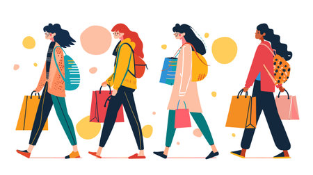 Group young women casual clothes shopping bags backpacks walking colorful bubbles background. Friends mixed ethnicity outdoor adventure strolling street carrying shopping bags. Trendy illustrationのイラスト素材