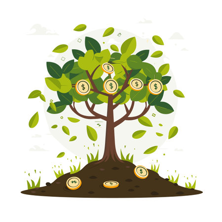 Tree bearing money coins isolated white background symbolizing financial growth. Green foliage tree multiple dollar sign coins branches soil. Financial investment growth metaphor flat graphic vectorのイラスト素材
