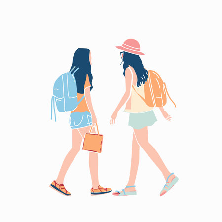 Two young women walking, one holding bag, both wearing backpacks. One has shorts sandals, hat, sunglasses, skirt. Casual summer attire, isolated white background, possible travel outing. Flat colorのイラスト素材