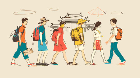 Tourists explore Asian temple, carrying backpacks, summer clothing. Group men women walking near traditional East Asian architecture, enjoying sightseeing. Mixed gender, youthful adults culturalのイラスト素材