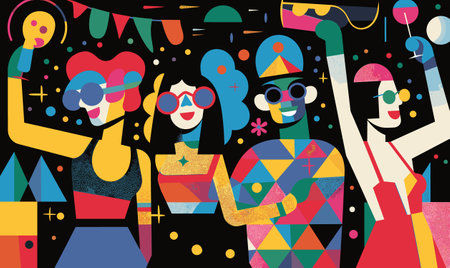 Celebration diverse young adults lively party setting featuring vibrant attire accessories, various ethnicities, unique hairstyles, eyewear, dark background. Colorful geometric patterns outfitsのイラスト素材