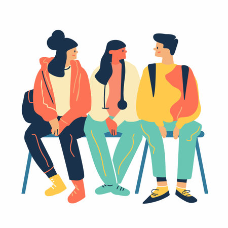 Three young adults, two females one male. Casual attire, seated, interacting. Urban setting, minimalist style, isolated white background. Group students, multiple ethnicities, casual Seatedのイラスト素材