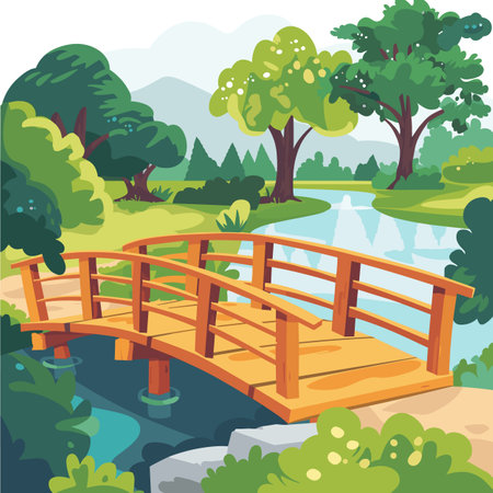 serene landscape featuring wooden footbridge spans tranquil stream surrounded lush green trees, bushes, clear sky. Vibrant fresh foliage calm water create peaceful, relaxing natural scene. Idealのイラスト素材