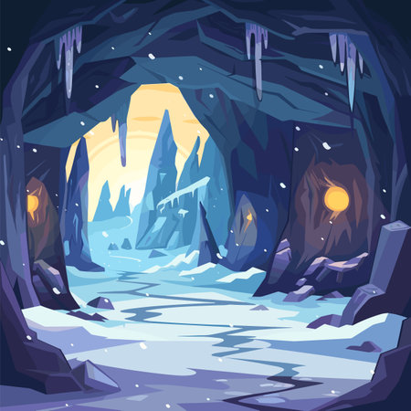 vibrant icy cave icicles hanging roof, bright sunlight illuminating entrance beyond jagged rocks snowcovered ground, mystical winter landscape featuring frozen cave system glowing light sourcesのイラスト素材