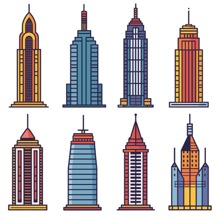 Colorful vector tall buildings various architectural styles isolated white background. Retro highrise structures cityscape urban area skyscrapers creative design. Modern skyline, clean linesのイラスト素材