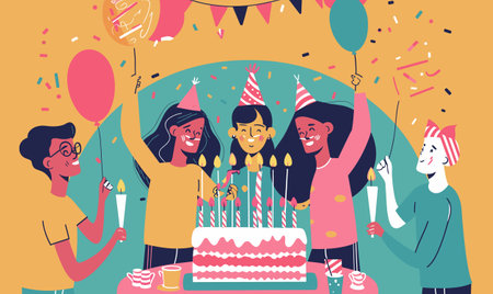 Group diverse friends celebrating birthday party cake festive hats balloons confetti smiling. Multiethnic young adults joyful occasion celebration gathering candle crowns. Happy children joyfulのイラスト素材