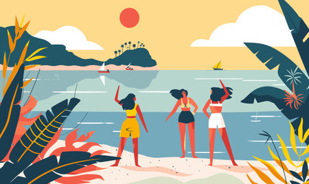 Three women standing beach tropical scenery boats yellow clothing summer vacation vector illustration Pacific island fun sun. Three women enjoying tropical beachのイラスト素材