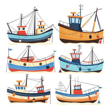 Colorful fishing boats displayed artistic minimalistic style. Illustration various fishing boats characterized vibrant colors, nets, flags, ropes, buoys, antennae, isolated blank backgroundのイラスト素材