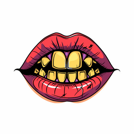 Shiny golden teeth set bright red lips, depicting stylish, bold glamorous look. Illustration showing closeup detailed lips fierce expression. Cartoonish lips image sparkling gold grills vibrantのイラスト素材