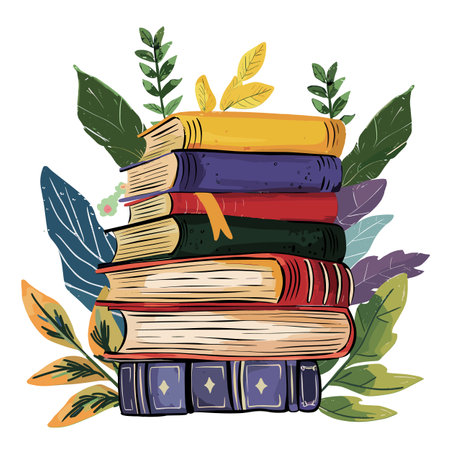 Colorful stacked books surrounded green, yellow, purple leaves, foliage overlay, vibrant embroidered book covers. Vintage literature pile, bookmarks, botanical design, stylized foliage, unique bookのイラスト素材
