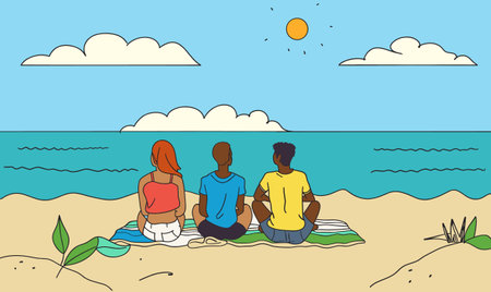 Redhaired woman red top white shorts, two men blue yellow tshirts sitting facing ocean horizon summer beach casual beachwear sunny, blue sky, cloud, few plants. Friends relaxing, summer vacationのイラスト素材