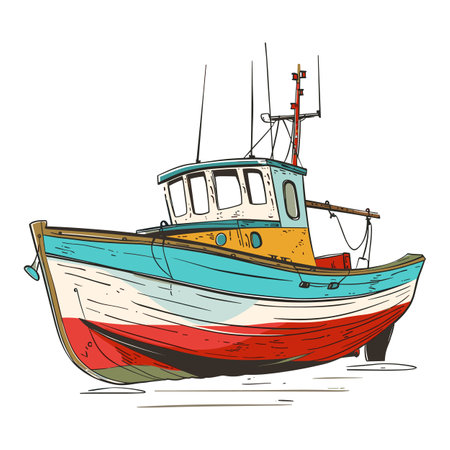 Colorful wooden fishing boat docked harbor, bright colors, blue, red accents, isolated white background. Vintage wooden vessel, maritime heritage illustration, sails up, white background. Handdrawnのイラスト素材