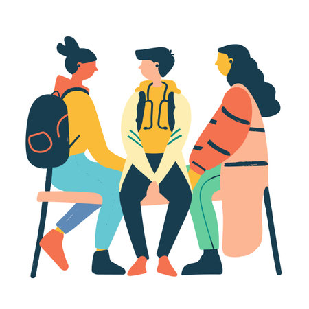 Three diverse young adults chatting, one carrying backpack, seated chairs, casual clothing, vector illustration. Ethnic diversity, friendly discussion, youth social interaction, isolated whiteのイラスト素材