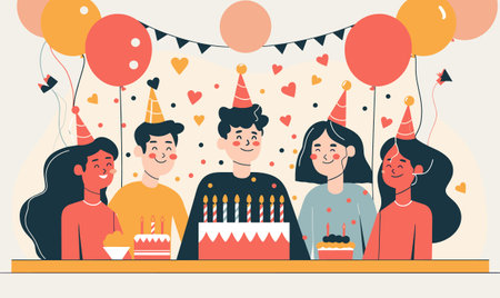 Friends celebrating happy birthday holding party hats smiling children cartoon. Party decorations balloons festoons birthday cake candles confetti. Happy gathering colorful fun event celebration joyのイラスト素材