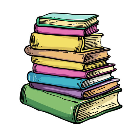 Colorful stack hardcover books, vintage style, isolated white background. Artistic handdrawn multicolored book pile, educational resources. Colorful book stack, sketch style, library learningのイラスト素材