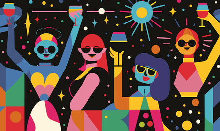 Four diverse figures celebrating, wearing sunglasses, holding drinks, abstract colorful shapes background, futuristic party vibe. Women smiling, excited gestures, vibrant colors, pop art, nightのイラスト素材