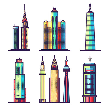 Modern skyscrapers buildings. Various highrise city towers architecture. Urban skyline icons colorful drawing. Isolated white backgroundのイラスト素材