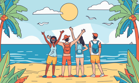 Four diverse young adults greeting sunrise beach tropical vacation. Happy friends celebrating summer sea under palm trees sunny day. Backpackers sightseeing ocean coast adventure relaxation. Groupのイラスト素材