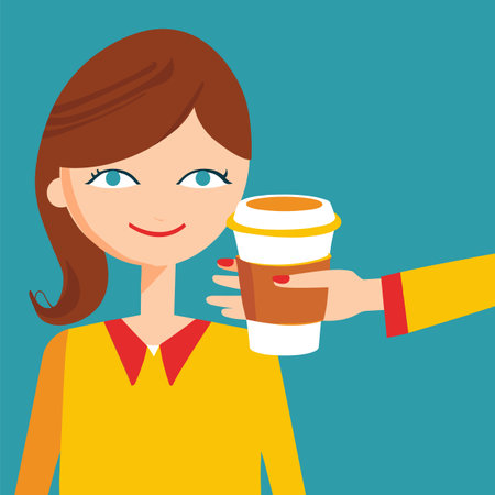 Young woman smiling receiving hot coffee cup cartoon vector illustration. Flat graphic animation handing beverage happy girl brown hair. Coffee go drink sleeve held hand, blue backgroundのイラスト素材