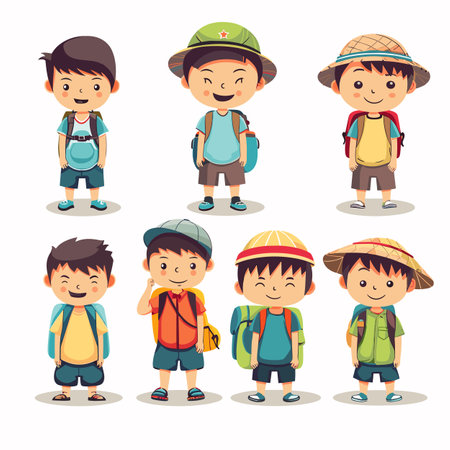 Various boys illustration wearing backpacks, smiling Asian young travelers dressed colorful casual summer attire. Boys different backgrounds diverse hats, shorts tshirts, outdoors explorationのイラスト素材