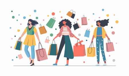 Three stylish women carrying shopping bags happily walk, surrounded floating bags. Diversity, vibrant clothing, sense joy express successful shopping spree. Isolated white background, colorful dotsのイラスト素材