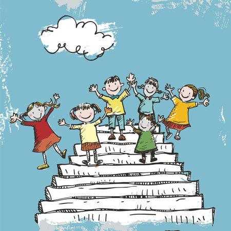 Happy diverse children playing cartoon climbing steps staircase blue sky background. Group smiling kids colorful clothes different hairstyles holding hands together cheerful friends outdoors. Funのイラスト素材