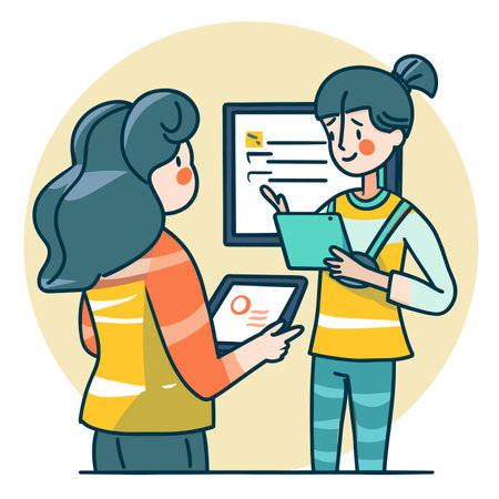 Two women discuss work digital tablets manager pointing screen, female employees collaboration, teamwork vibrant colors, women communication workspace, modern technology. Individuals engagingのイラスト素材