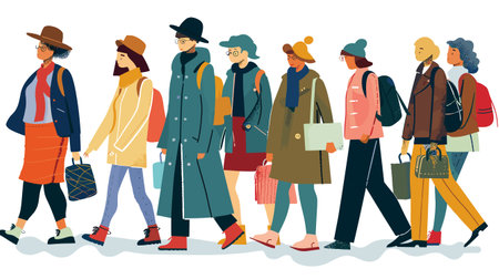 Group diverse people walking cold weather fashionable clothing. Characters carry bags, books, backpacks isolated white background. Colorful winter wear casual urban street illustrationのイラスト素材
