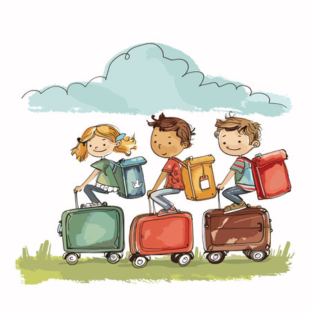 Three children backpacks riding wheeled suitcases, grassy field, cloud overhead. Happy kids travel adventure, diverse ethnicities, casual clothes, illustration style, isolated white backgroundのイラスト素材