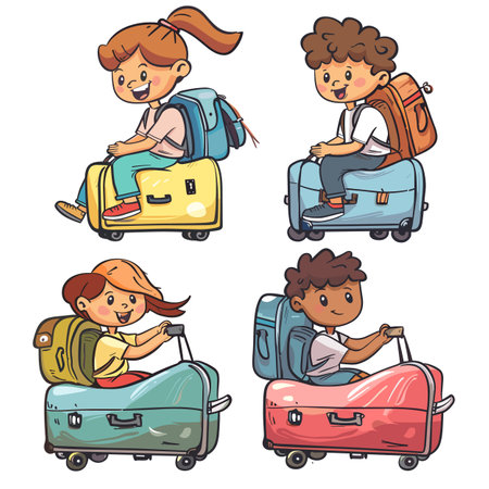 Young children riding colorful suitcases, smiling enjoying fun journey. Cartoon kids, including redhead girl, curlyhaired boy, AfricanAmerican boy, different redhead girl, all backpacks casualのイラスト素材