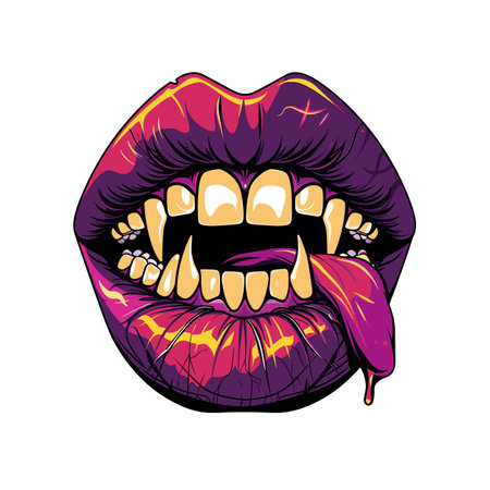 Clownlike exaggerated mouth cartoon open wide revealing sharp vampire fangs, tongue sticking out, bright colors, dripping saliva, pop art style isolated white background. Fatale lips dangerous sharpのイラスト素材