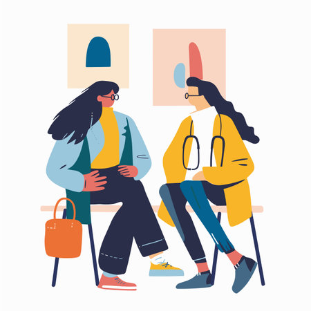 Two women having conversation, bright clothing, indoor setting, abstract wall art, one stethoscope, casual poses, deep discussion. Female doctor patient interacting, colorful outfits, relaxedのイラスト素材