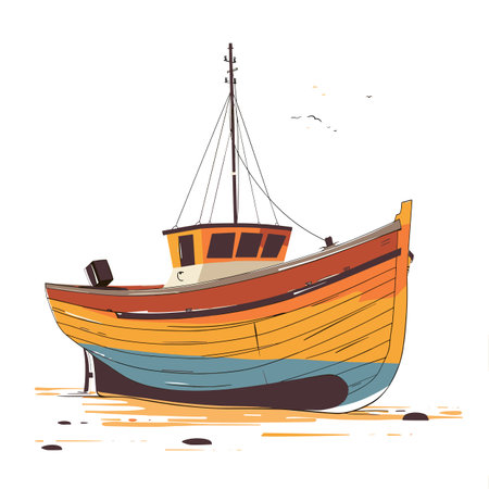 Colorful wooden fishing boat stranded shore low tide isolated white background. Old vintage wooden boat blue orange yellow weathered surface docked beachside pier. Rustic traditional fishing vesselのイラスト素材