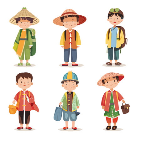 Boys wearing traditional Asian clothing, diverse cultural outfits, smiling faces. Characters various hats, casual festive attire, traditional costumes. Isolated white background, colorfulのイラスト素材