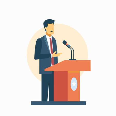 Professional male speaker delivering speech front podium, isolated white background. Businessman politician presenting conference formal suit, isolated white background. Public speaking illustrationのイラスト素材