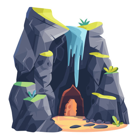 Rocky exterior, waterfall cascading, entrance cave. Dark stones, plants sprouting, water flowing. Isolated white background, animation style, adventure conceptのイラスト素材