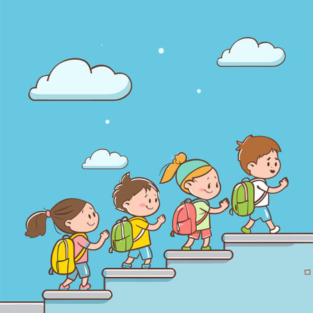 Children climbing steps backpacks smiling happy approaching goal. Young students kid girl boy cartoon ascending stairs clear blue sky cloud background. Diverse preschool kindergarten group outdoorのイラスト素材