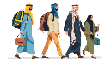 Two Middle Eastern men carrying backpacks wander, older man clothed traditional attire accompanies woman clad hijab both bags. Family group travels, communicates, progression against isolated whiteのイラスト素材