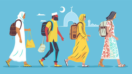 Group various travelers walking distant land. Pilgrimage faithful followers diverse faith moving. Backpacks traditional attire indicating religious journey. Illustration vivid colors emphasizingのイラスト素材