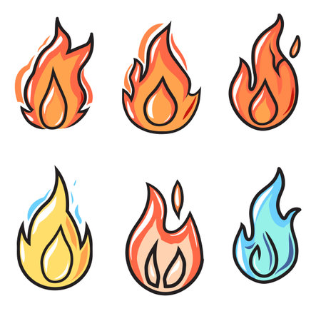 Bright colorful flame icons six different shapes. Cartoon style fire symbols orange yellow blue hues. Isolated white background blazing inferno concept art setのイラスト素材