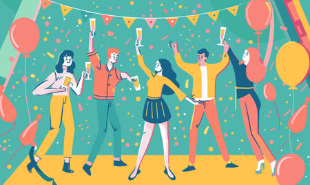 People celebrating party. Young adults dancing. Festive decorations. Friends socializing gathering. Festive atmosphere. Colorful event. Party celebration. Multiethnic group. Happy momentsのイラスト素材